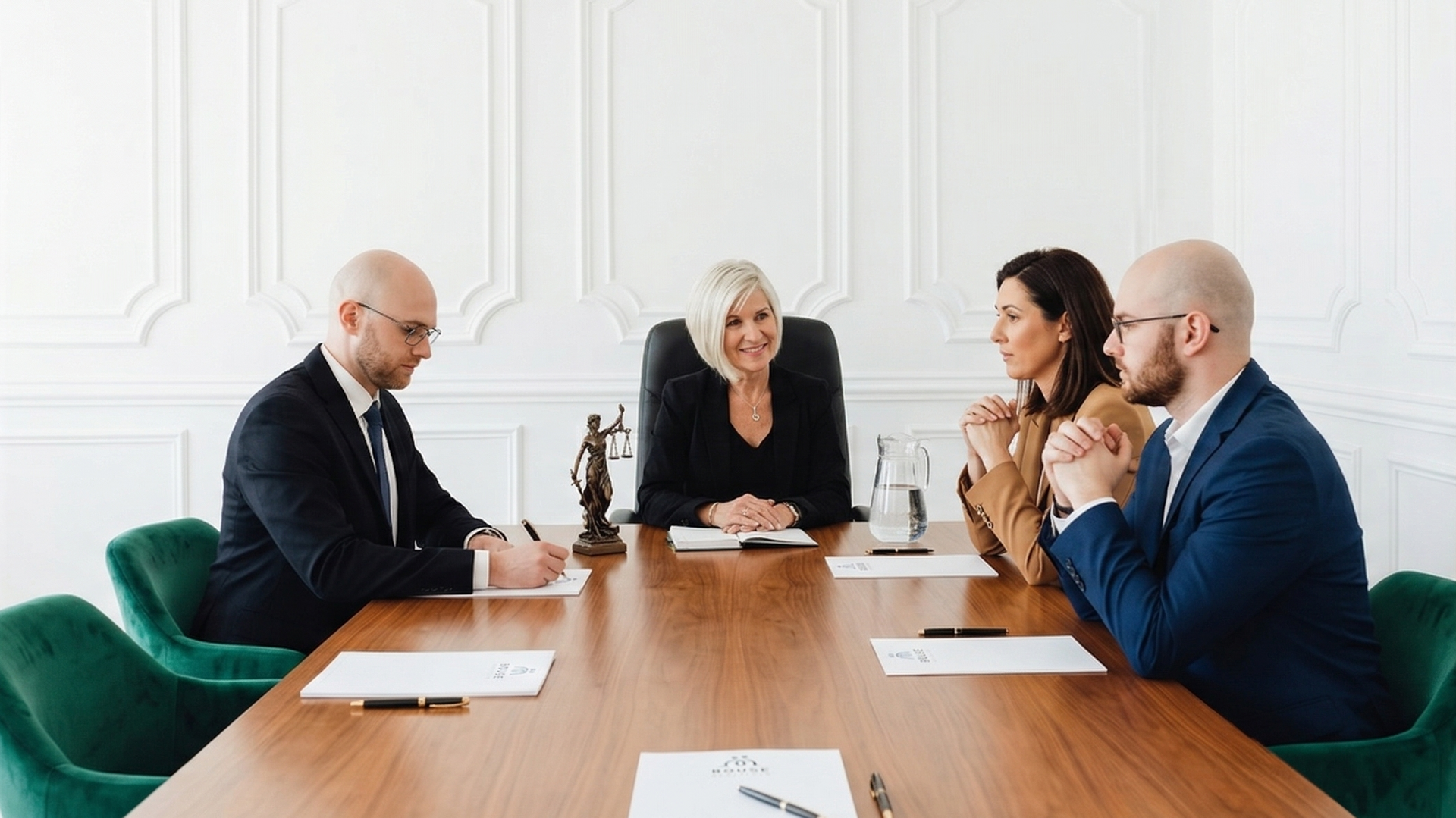 Four professionals sitting around a wooden boardroom table with a statue of Lady Justice in a bright office.