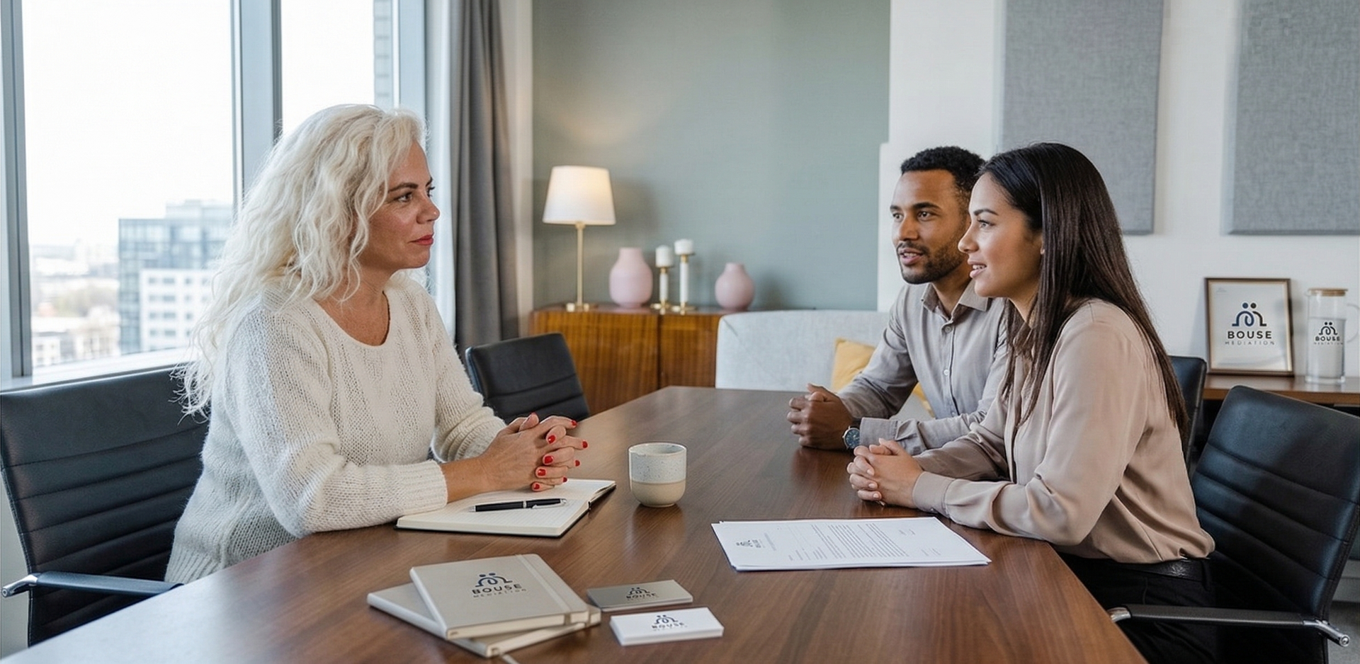 Three people sit around a wooden table in a well-lit conference room, engaged in a professional meeting.