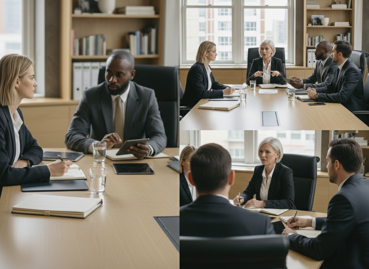 Businesspeople in suits at conference table, discussing ideas in an office setting.