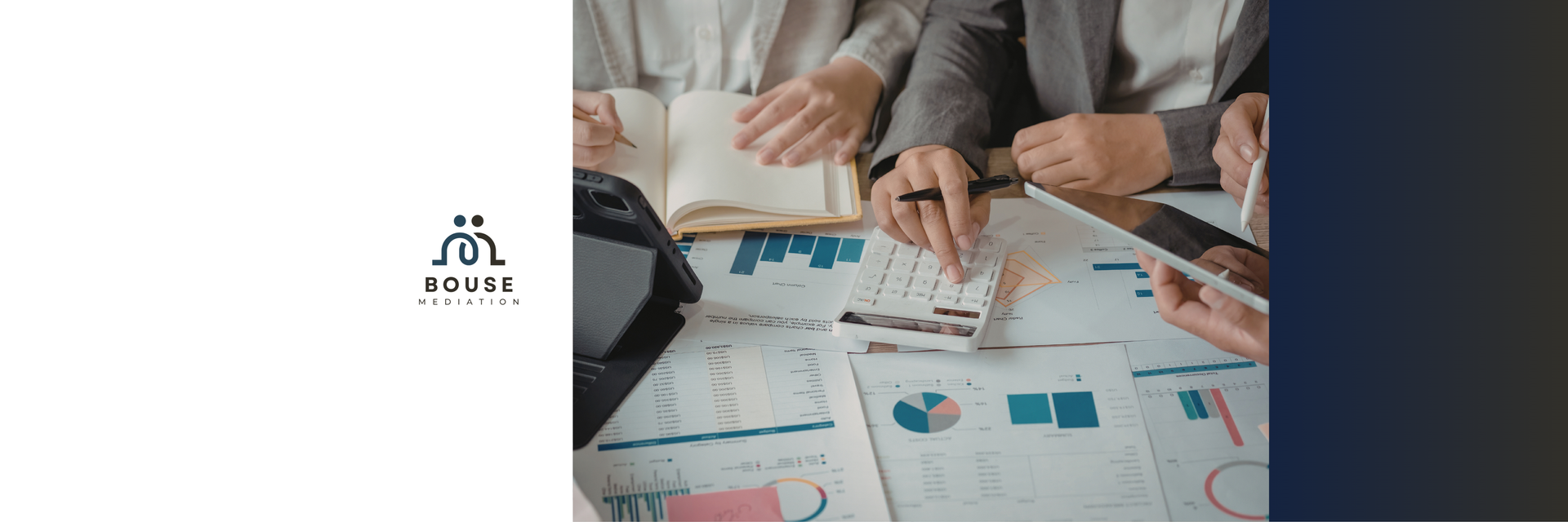 People review financial documents with a calculator. Text overlay reads: