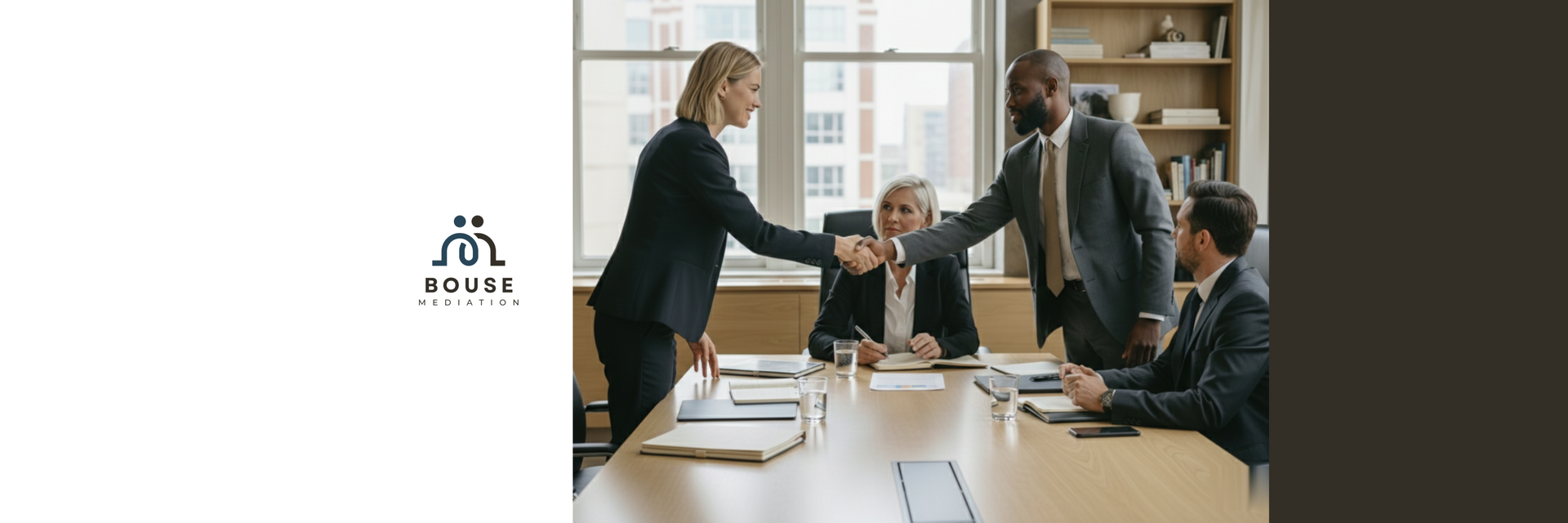 Professional team members shaking hands across a boardroom table in an office setting.
