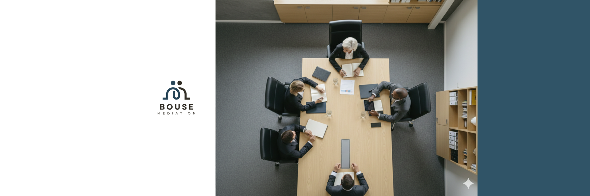 A top-down view of six professionals sitting around a wooden conference table in a modern, neutral-toned office.