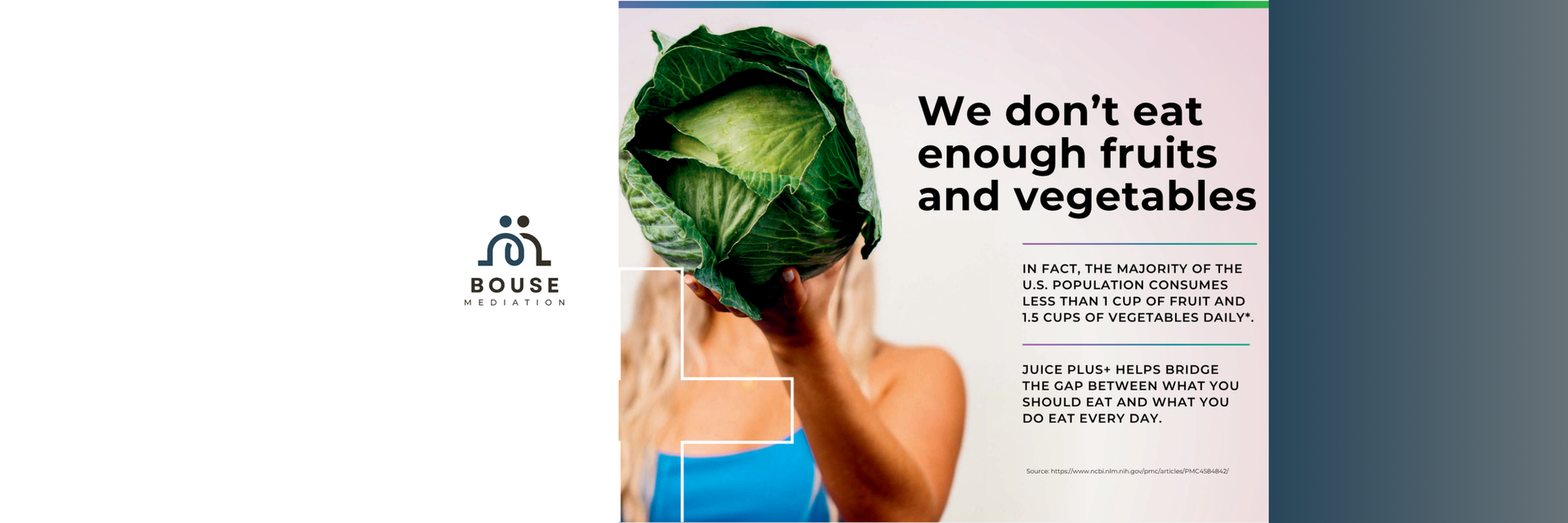 Four supplement jars with matching fruits/vegetables listed, bridging nutritional gaps daily.