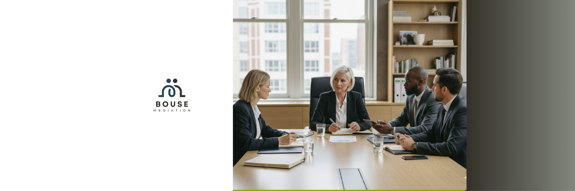 A professional team sits around a boardroom table for a meeting in a bright, modern office with bookshelves in the back.
