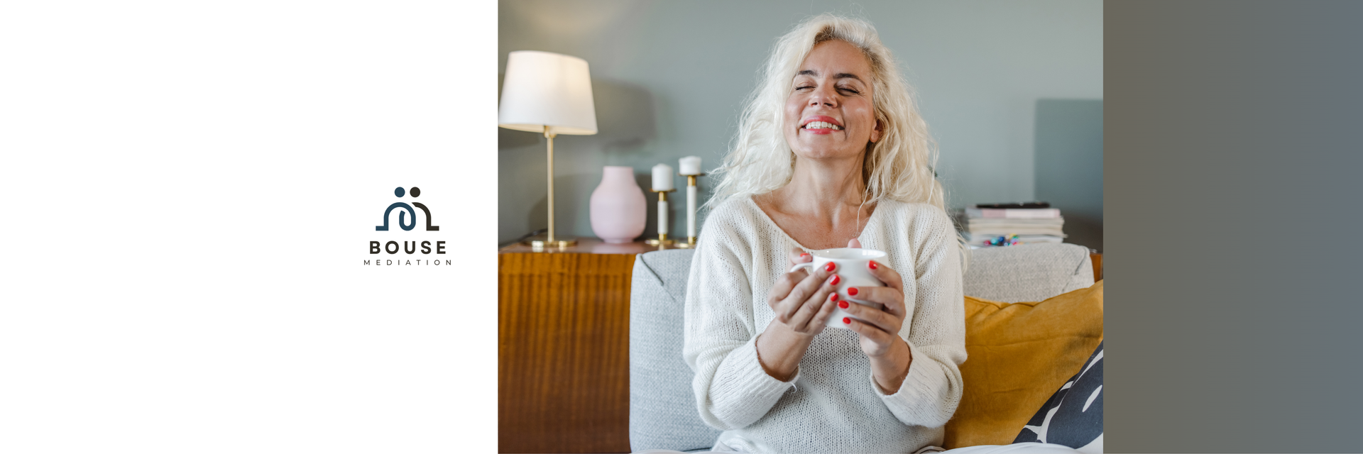 A person sits holding a mug, next to text reading: