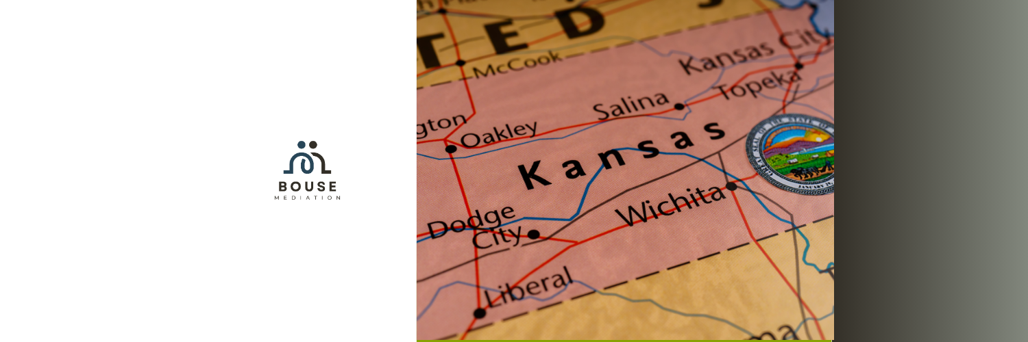 A map of Kansas showing cities like Wichita, Dodge City, Salina, and Topeka, with a logo on the left.