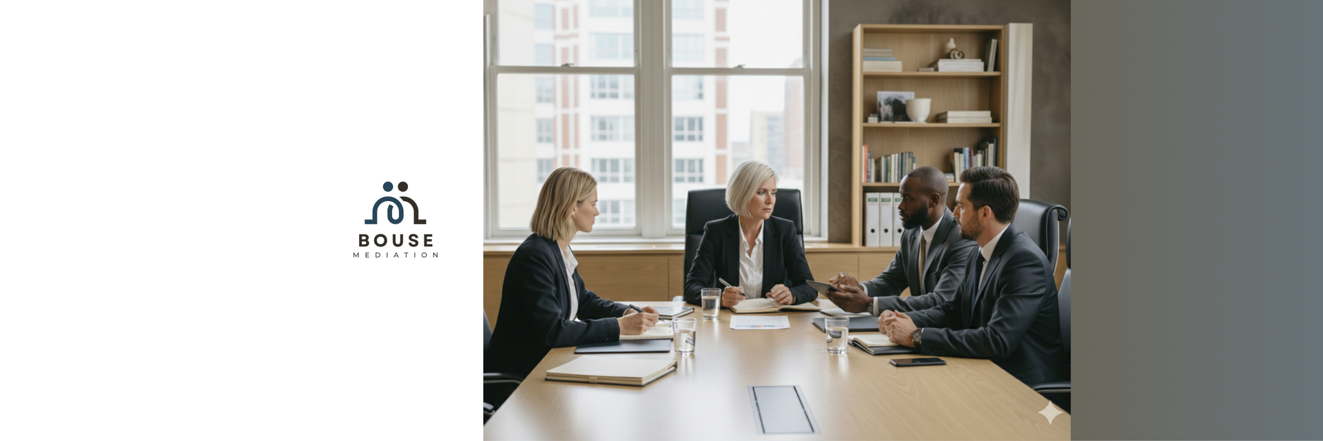 Four professionals in business attire seated around a conference table during a meeting in a bright office.