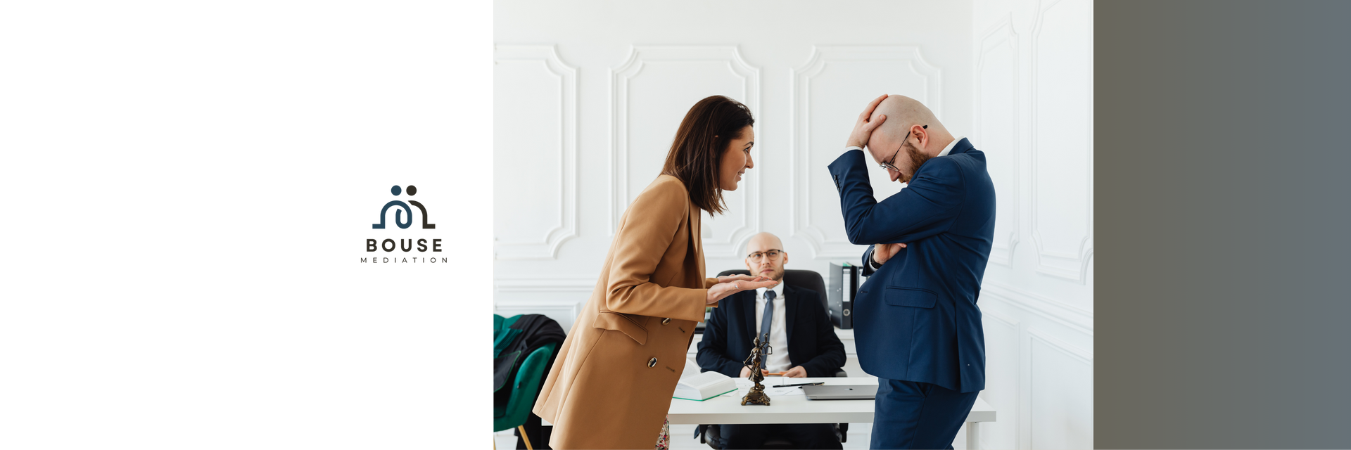 A person stands in a modern office, arguing with another person who holds their head in frustration, while a lawyer watches.