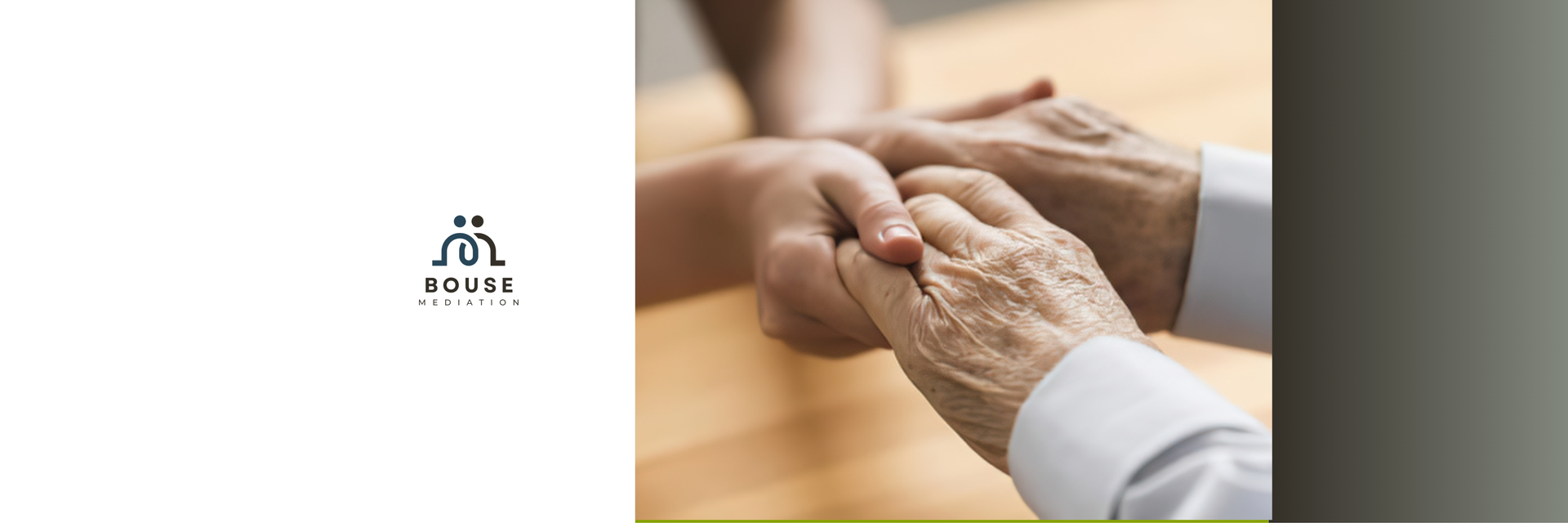 Hands clasped together in a comforting gesture, with a soft warm background and small logo on the left.