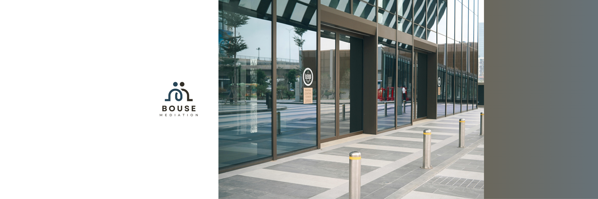 The Børge Mogensen logo next to a view of a modern building entrance with a glass facade and stone-paved walkway.