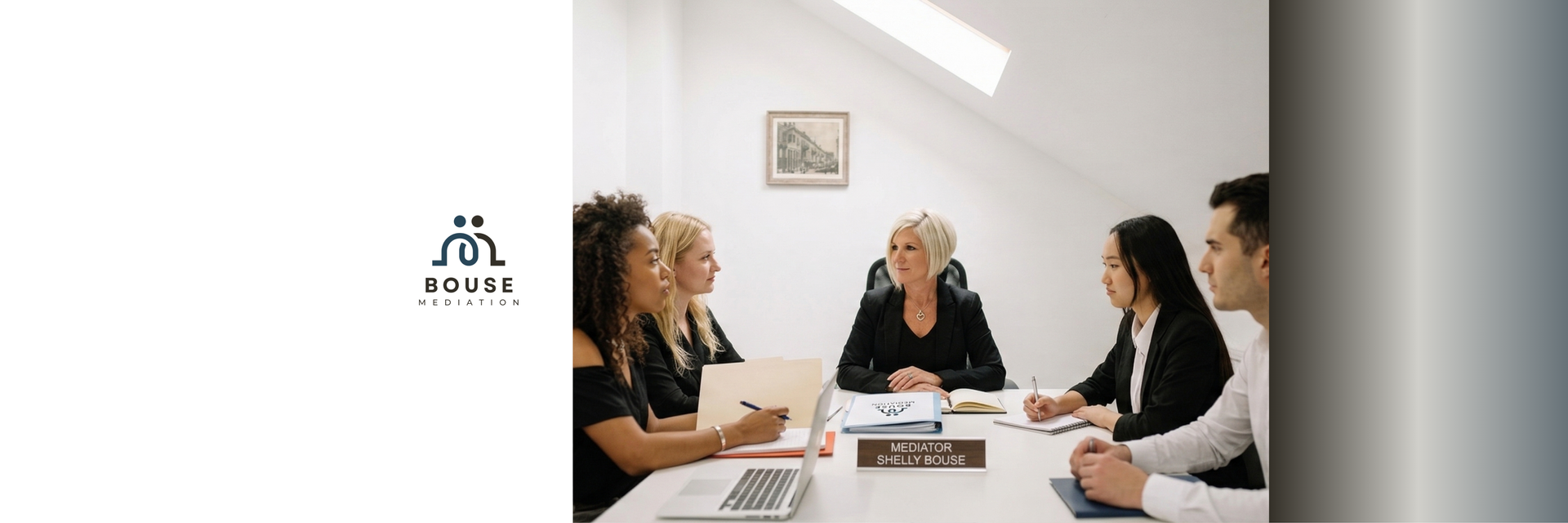 A diverse group of six professionals sit around a table in a bright, modern office for a formal business meeting.
