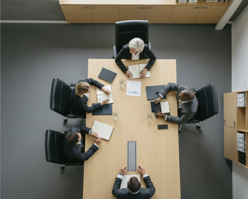 An overhead view of five people seated around a rectangular wooden conference table in an office, with a logo on the left. An overhead view of five people seated around a rectangular wooden conference table in an office, with a logo on the left.