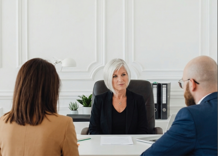 Three people sitting across from each other at a desk in a bright, minimalist office, appearing to be in a meeting.