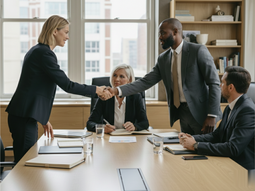 Professionals in suits shake hands across a conference table in an office setting. Professionals in suits shake hands across a conference table in an office setting.