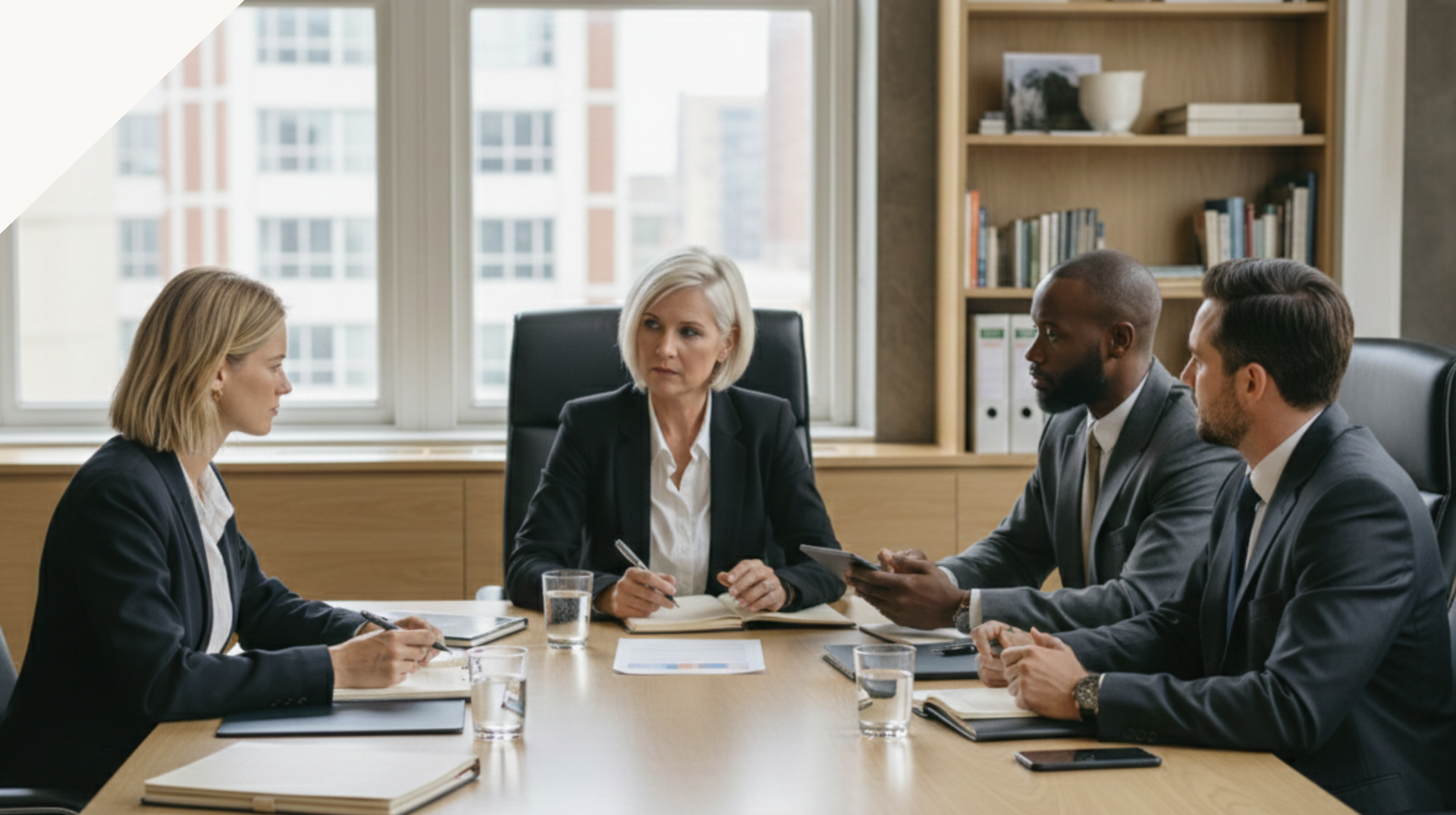 Four business professionals in suits hold a meeting around a large wooden table in a bright, modern office. Four business professionals in suits hold a meeting around a large wooden table in a bright, modern office.