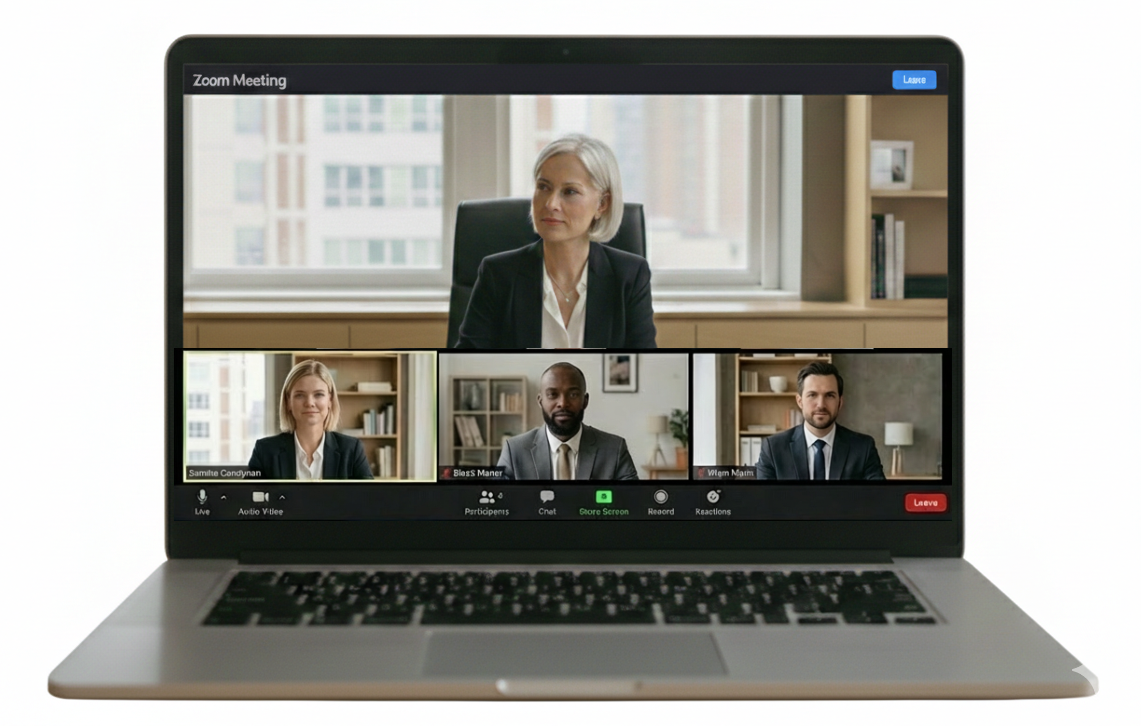 Laptop displaying a Zoom meeting with four participants. The main screen shows a smiling woman, and three other attendees.