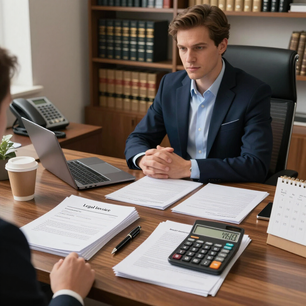 A person in a suit writes at a desk beside a gold scale of justice and a desk lamp. A person in a suit writes at a desk beside a gold scale of justice and a desk lamp.