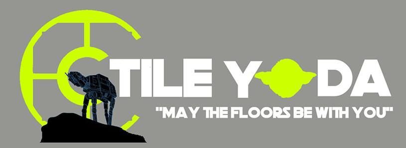 Logo for Tile Yoda. Features an AT-AT on a black hill, Yoda's head, and tagline "May the Floors be with You."