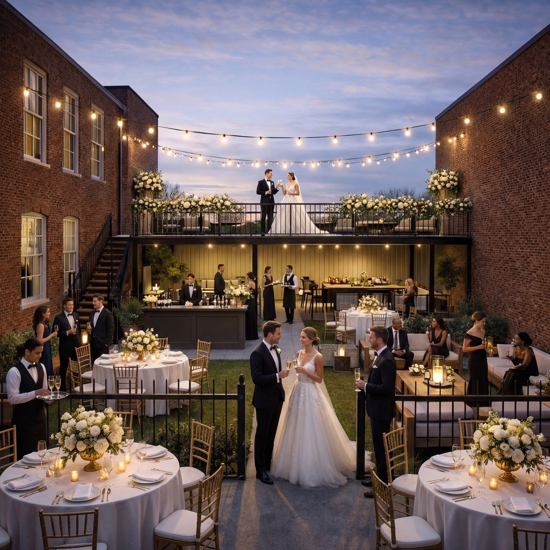 Casablanca wedding reception with dinner tables, white table cloths, golden chairs, silverware, and a chandelier.