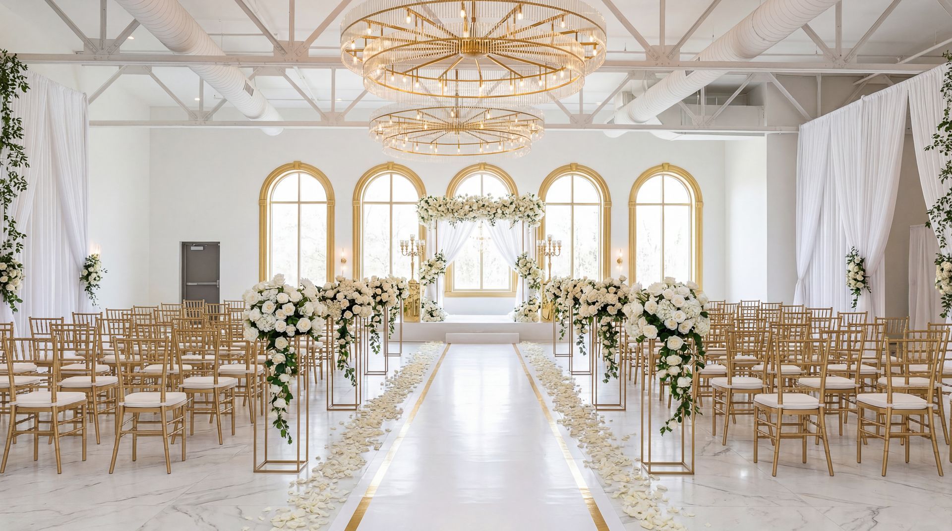 Elegant white wedding ceremony setting, gold chairs, floral aisle decorations, and ornate chandeliers.