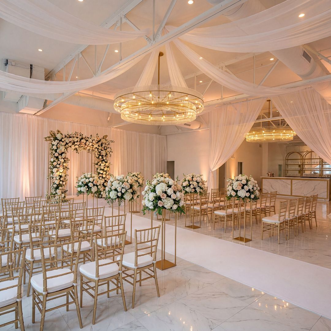 Wedding ceremony setting: white aisle, floral arrangements, gold chairs, sheer drapes, and a chandelier.