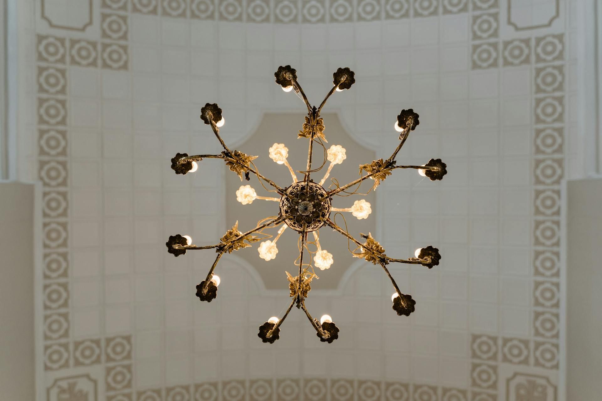Ornate gold chandelier hanging from a patterned ceiling.