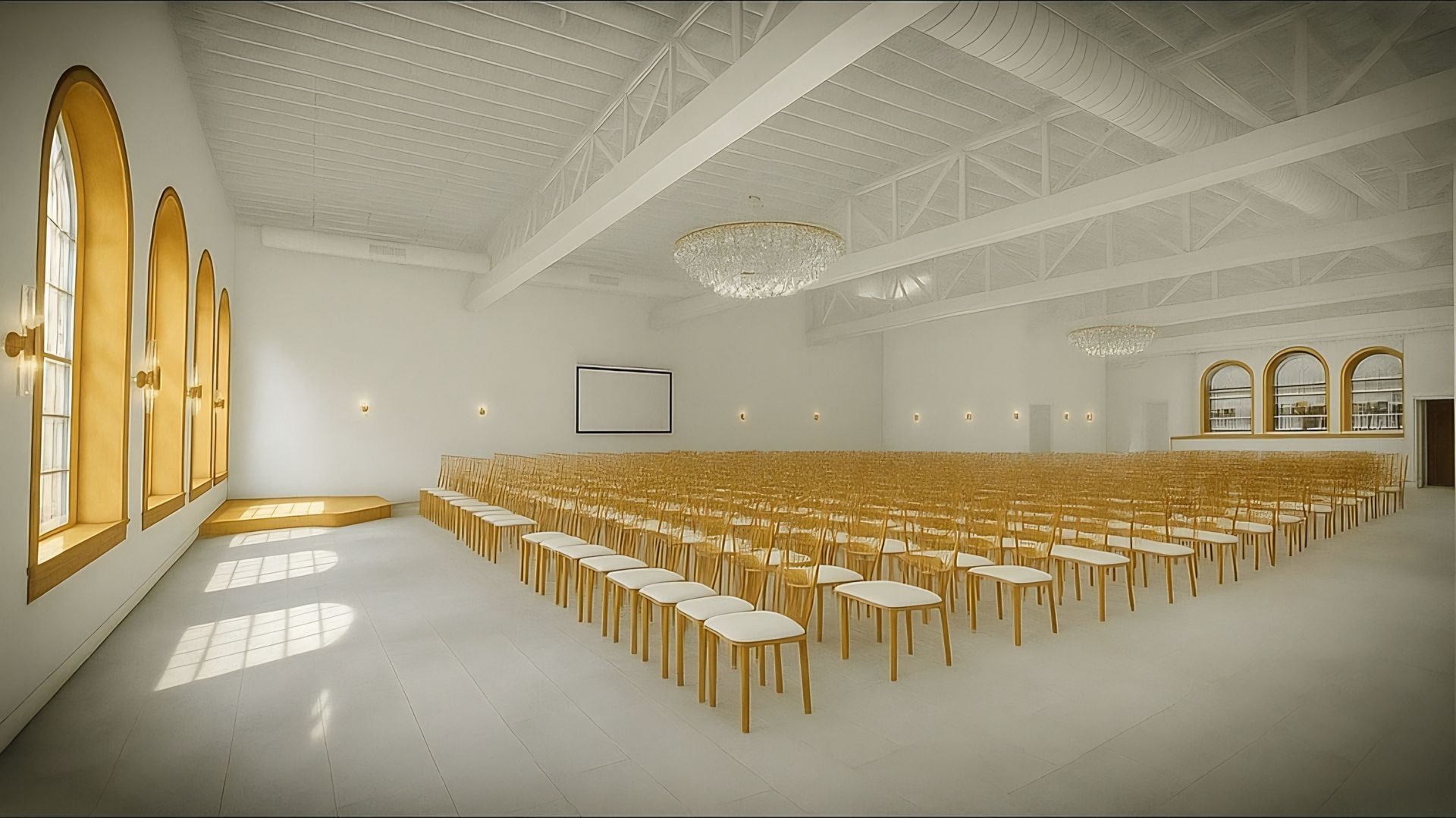 front view of the main Casablanca wedding hall, gold colored chairs and a chandelier