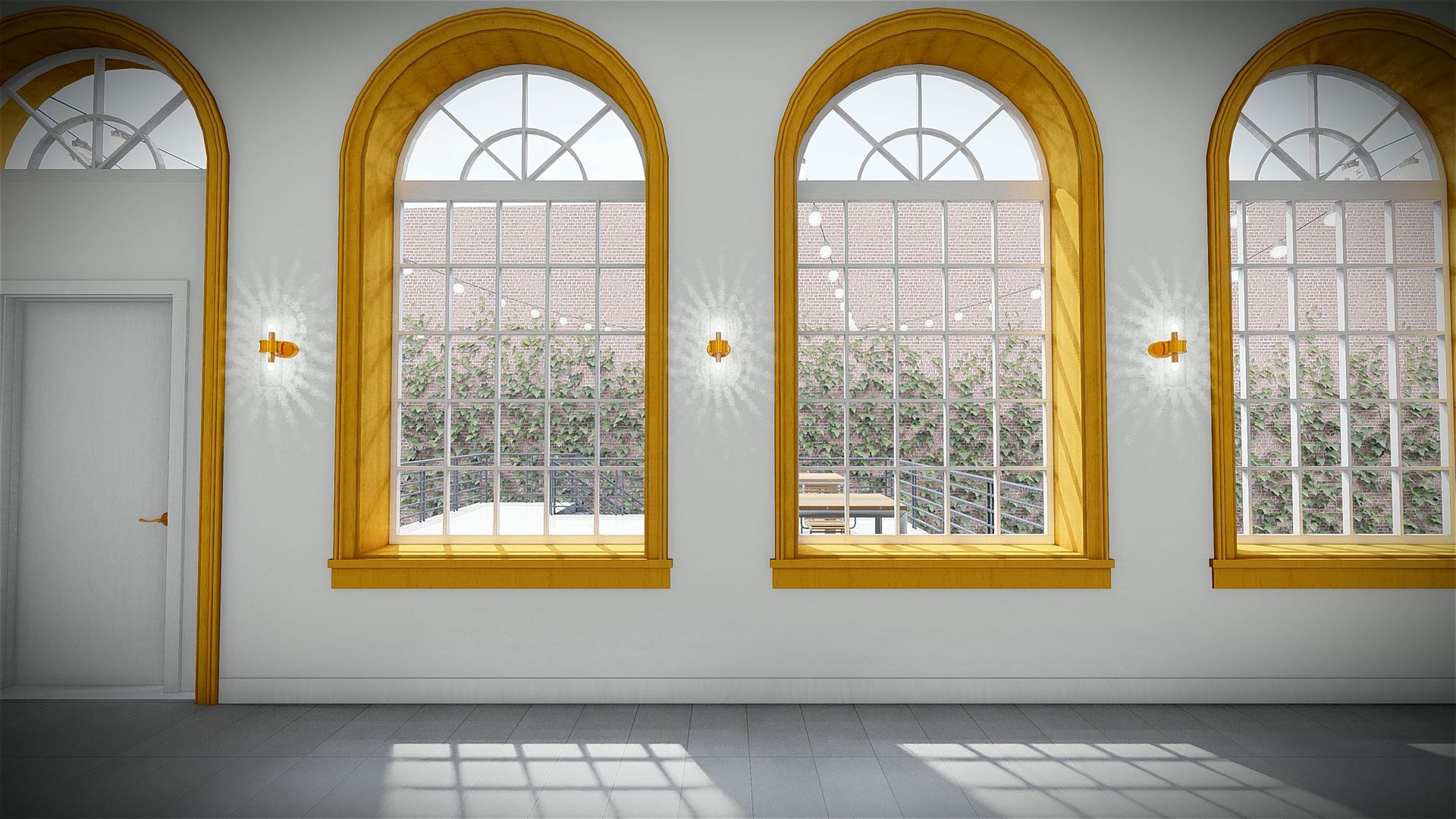 Casablanca's big windows with golden trimming on white walls.