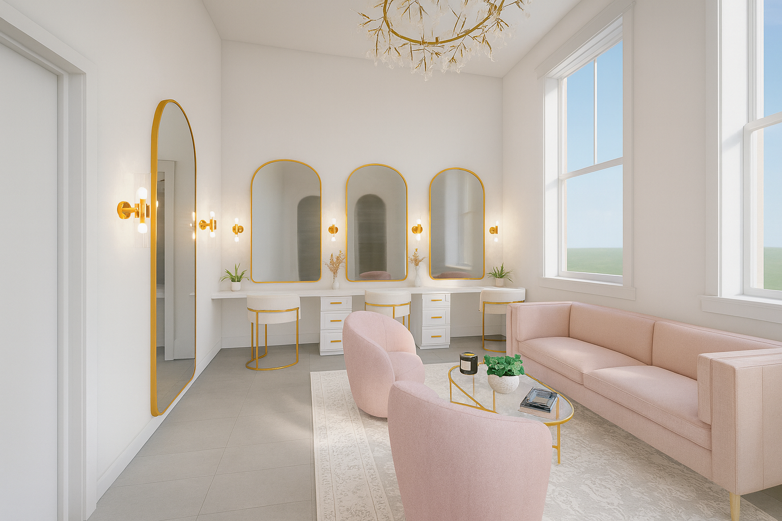 The bridal suite at Casablanca with white walls, pink furniture, mirrors, and a chandelier.