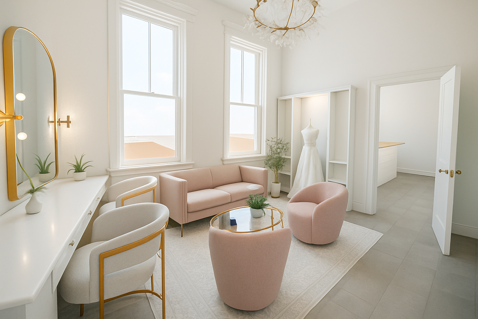 The bridal suite at Casablanca with white walls, pink furniture, and a mirror.