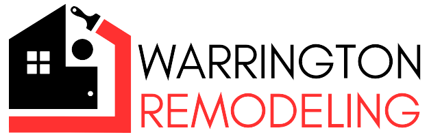 The logo for warrington remodeling shows a house with a key on top of it.