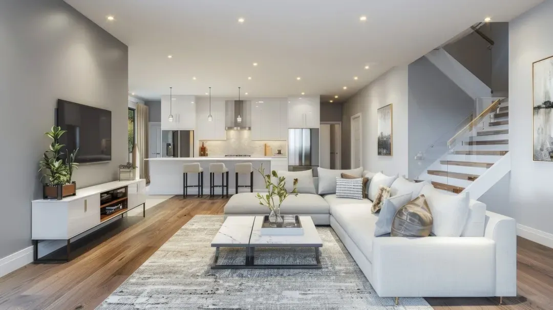 A living room with a white couch , coffee table , television and stairs.