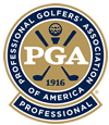 PGA of America logo: circular emblem with navy and gold, text, crossed golf clubs, and a golf ball.