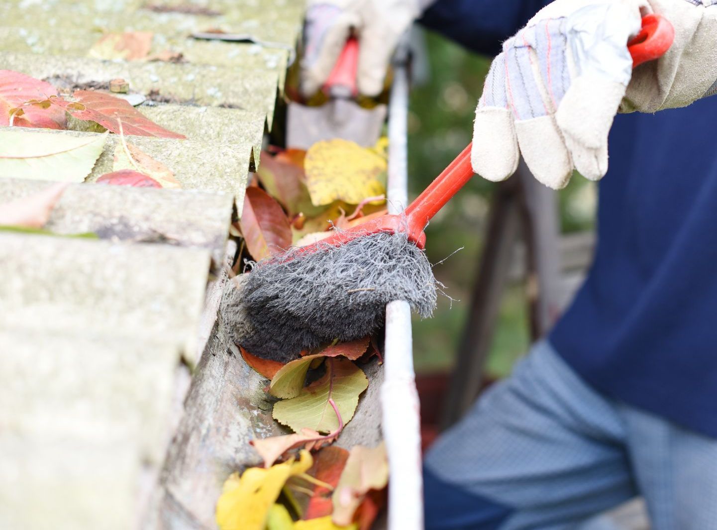 A Person is Cleaning a Gutter With a Wire Brush — Exquisite Exterior Cleaning In North Gosford, NSW