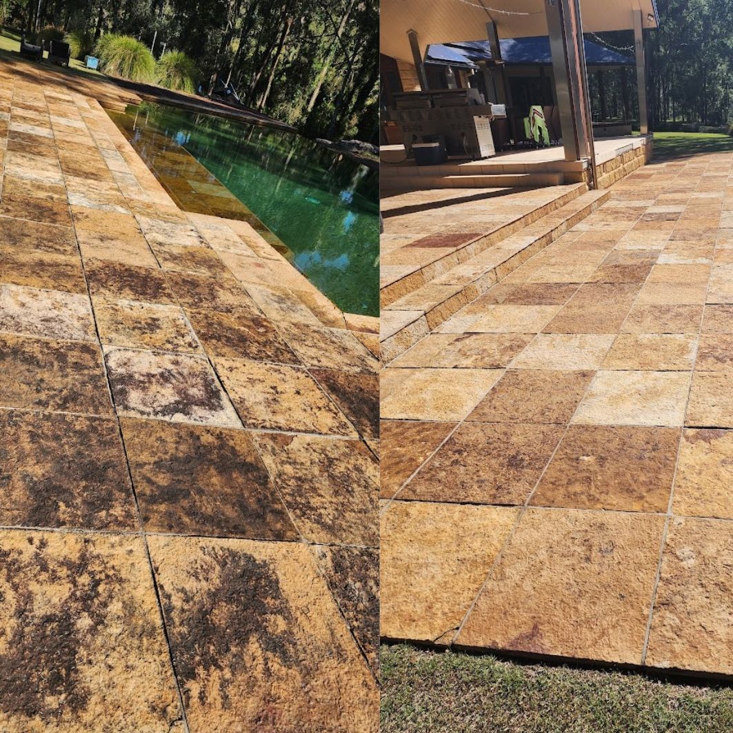 Side-by-side Images of a Poolside Patio — Exquisite Exterior Cleaning in North Gosford, NSW
