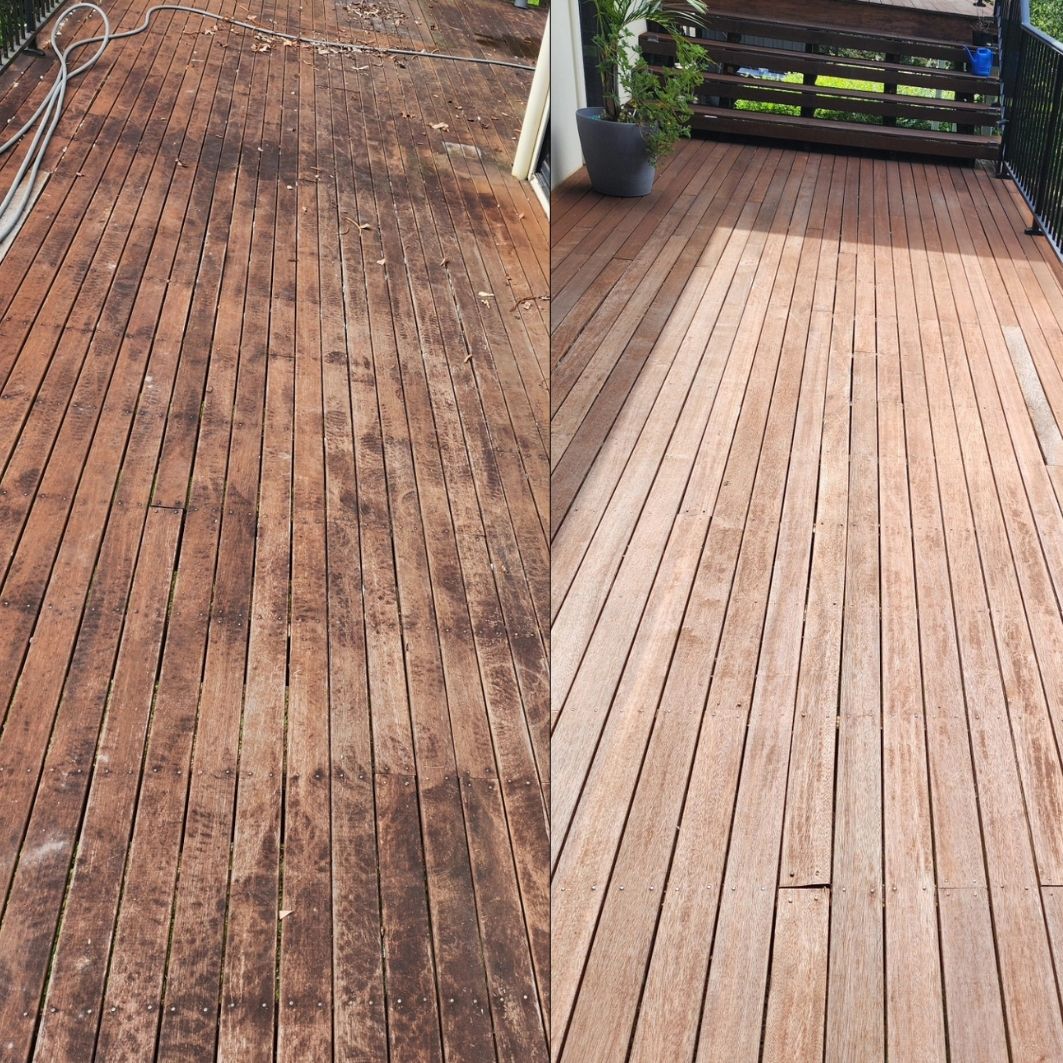 A Wooden Deck Before and After Cleaning — Exquisite Exterior Cleaning in North Gosford, NSW