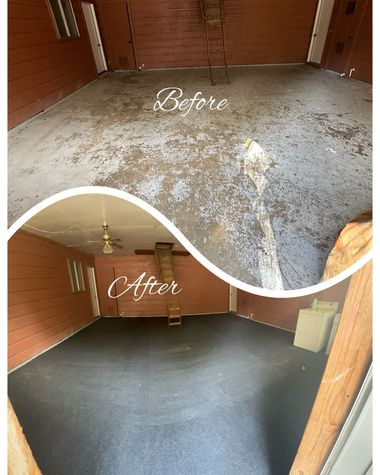 A split view of a garage floor: before, showing a worn, stained concrete surface; after, showing a clean, dark gray finish.