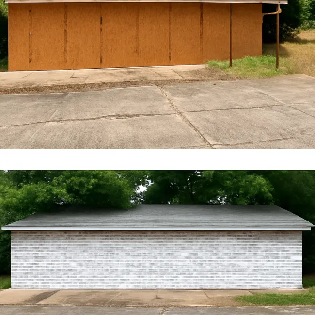 Before-and-after comparison of a building exterior, showing a plywood-covered wall replaced by a white brick wall.