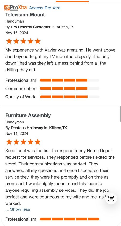 Two customer reviews for handyman services, each showing five-star ratings, service details, and written feedback.
