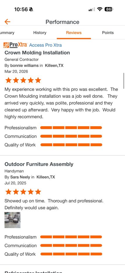 A mobile screen showing two five-star customer reviews for home services, each featuring ratings for professionalism.