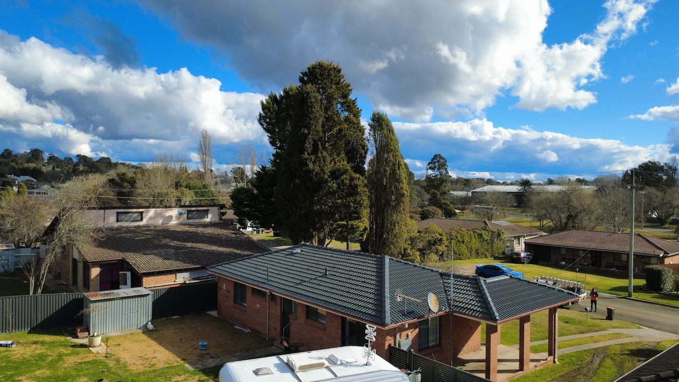 View of houses with dark roofs under a cloudy, blue sky. A large, green tree stands in the center.