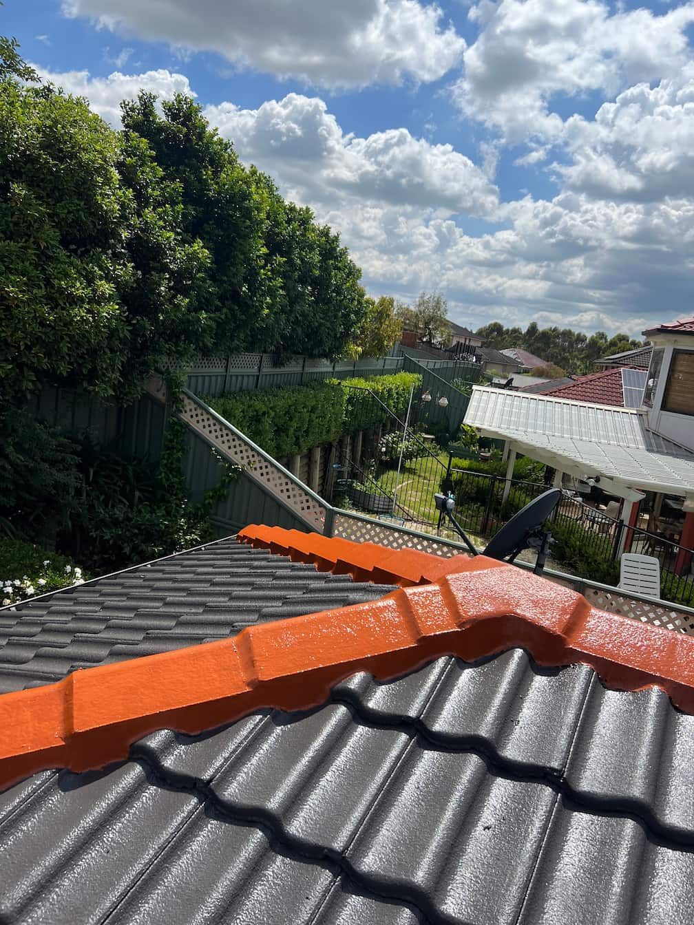 A close-up view of a dark grey tiled roof with bright orange ridge capping, set against a background of trees and sky.
