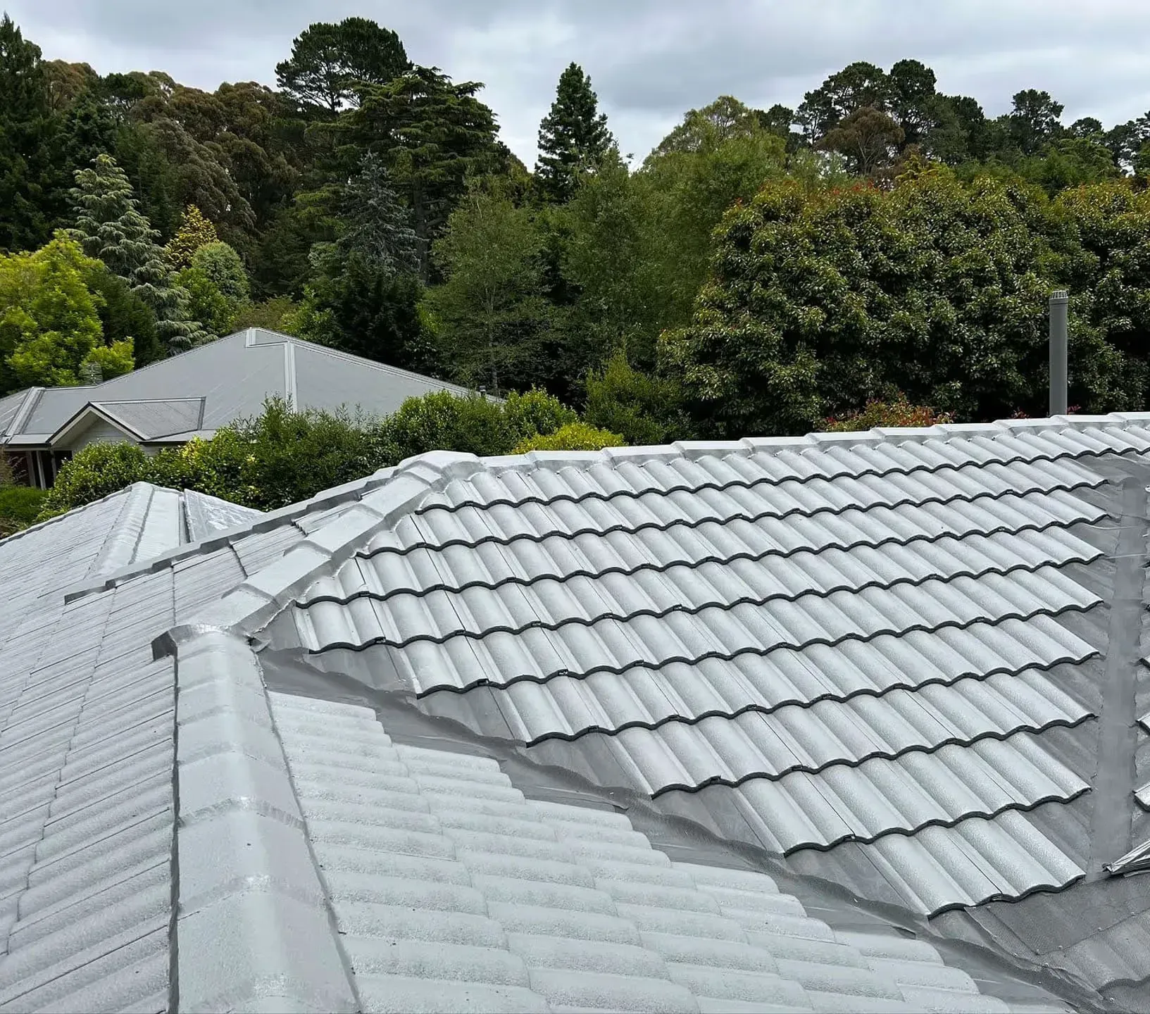 A white tiled roof with trees in the background