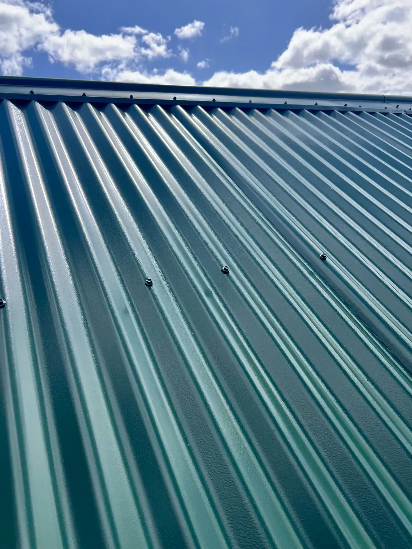 A green metal roof with a blue sky in the background.