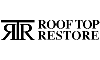 The logo for roof top restore is black and white.