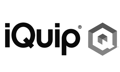 A black and white logo for a company called iquip.