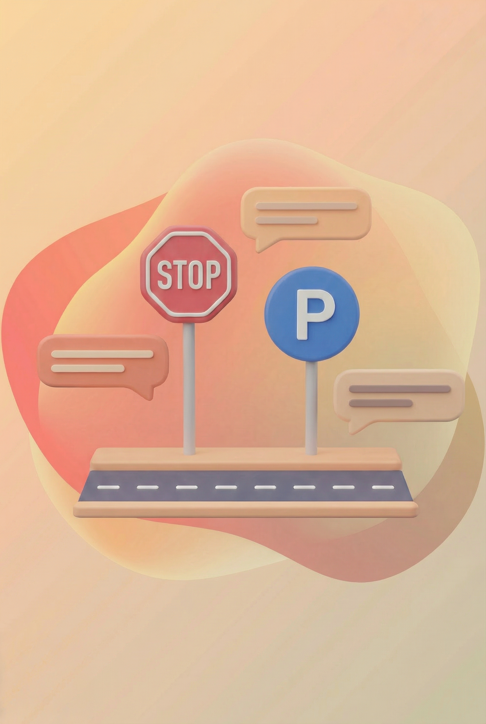 Risani cestni prizor z znakom stop, znakom za parkiranje in govornimi mehurčki.