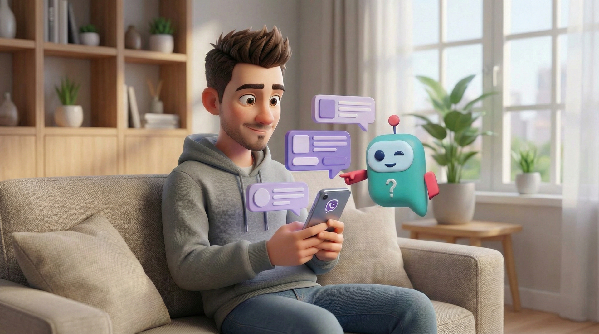 Moški na kavču uporablja telefon, pri čemer mu pomaga klepetalni robot. Mehurčki označujejo sporočanje.