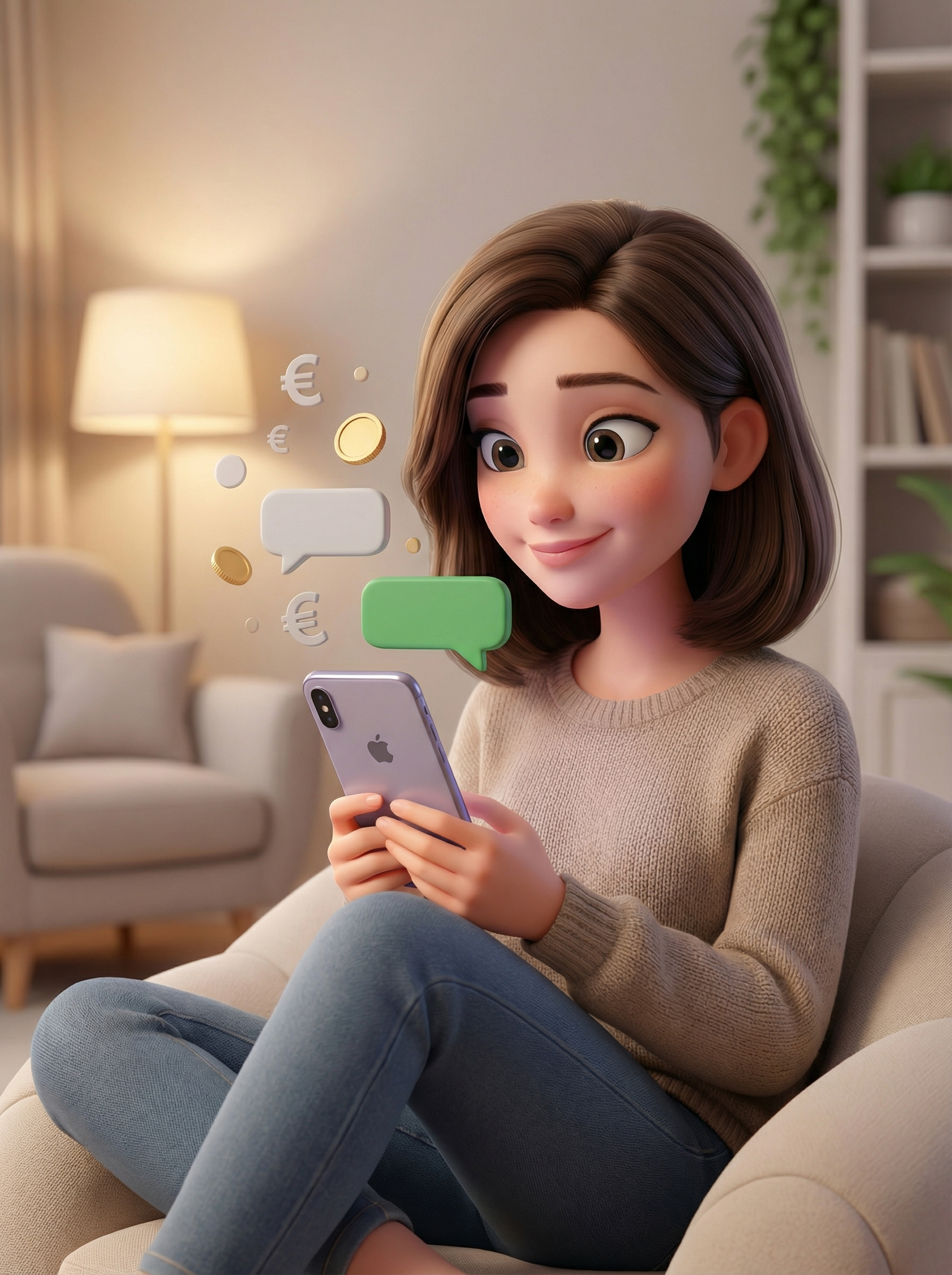 Ženska sedi in uporablja telefon; govorni mehurčki in lebdeči kovanci. Notranje okolje, nasmejana.