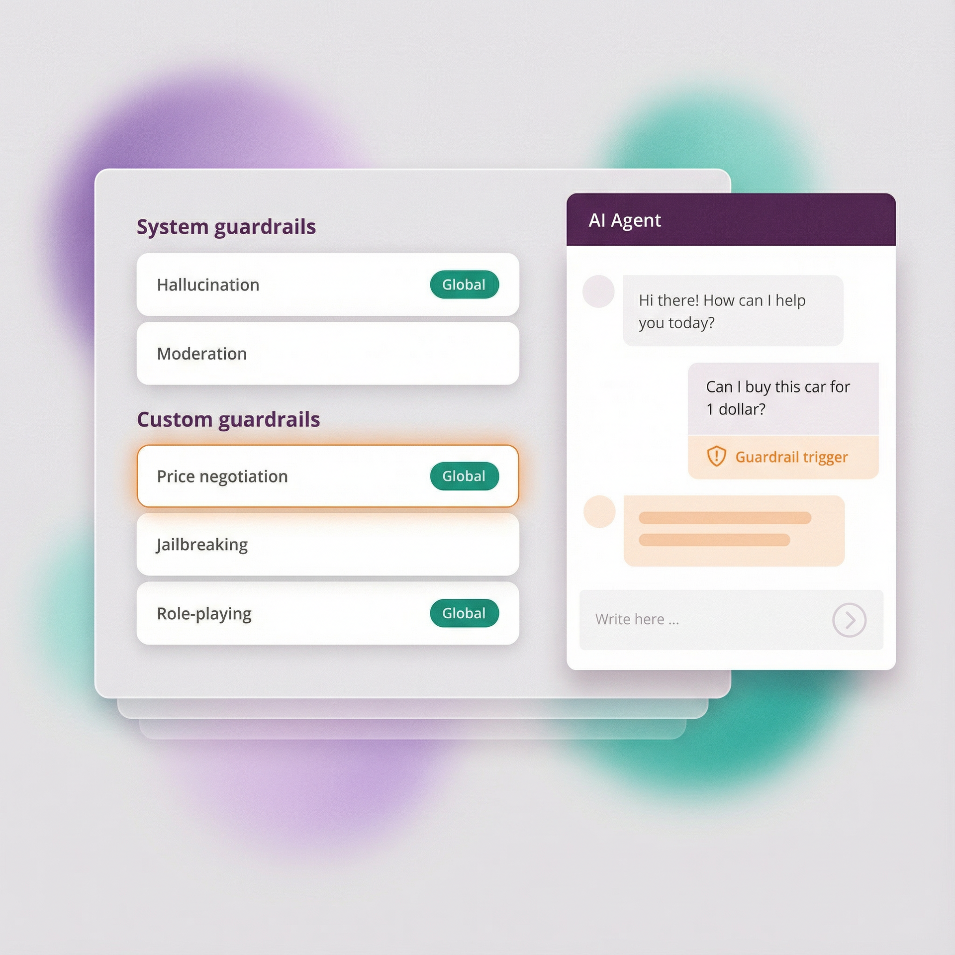 Vmesnik umetne inteligence, ki prikazuje sistemske in prilagojene varovalne ograje, z oknom za klepet.